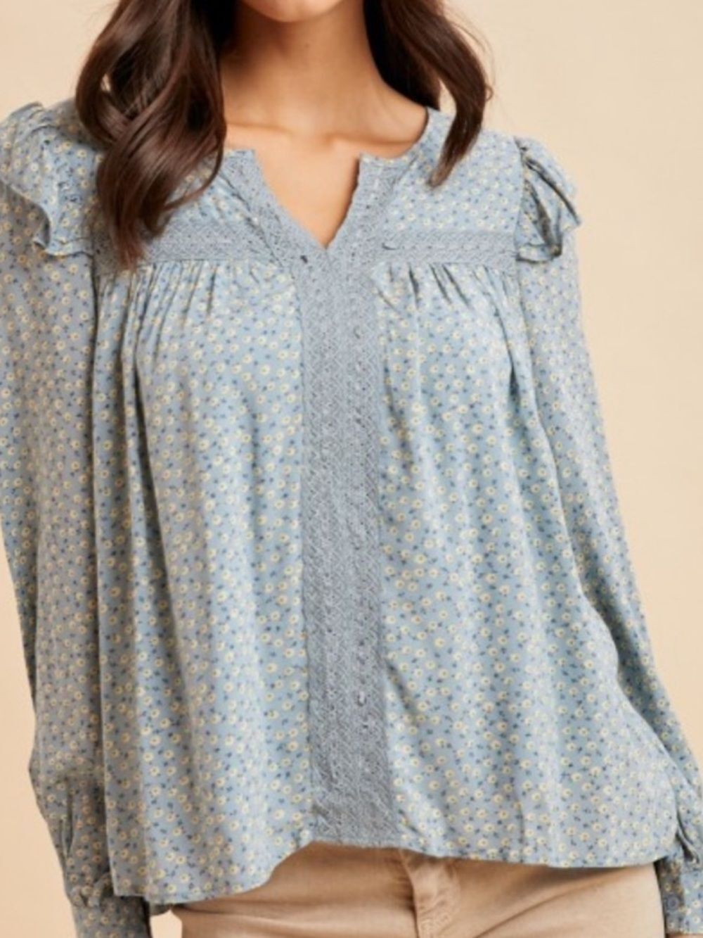 NWT Blue Floral Long Sleeve Lace-Trim Peasant Blouse sz SM